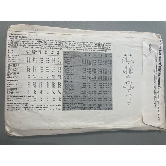 80s Butterick 4690 Vintage Sewing Pattern Size 14-16-18 Misses Blouse Loos CUT - Picture 3 of 6